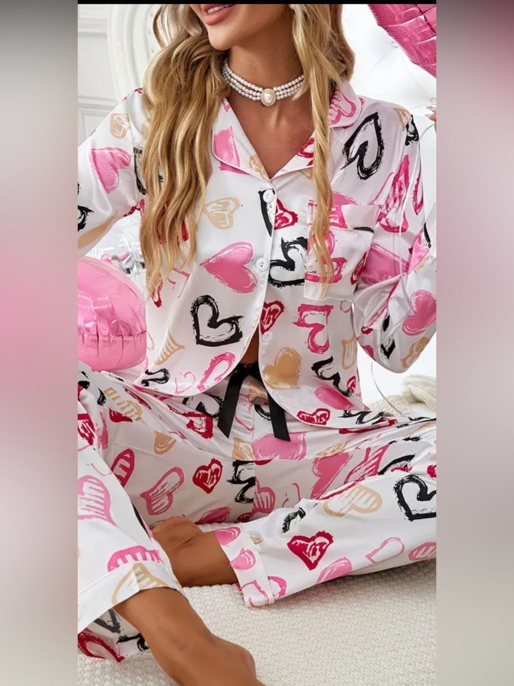 MISSLOOK Heart-Print Satin Pajama Set in Pink, Black & Cream - Picture 7 of 8